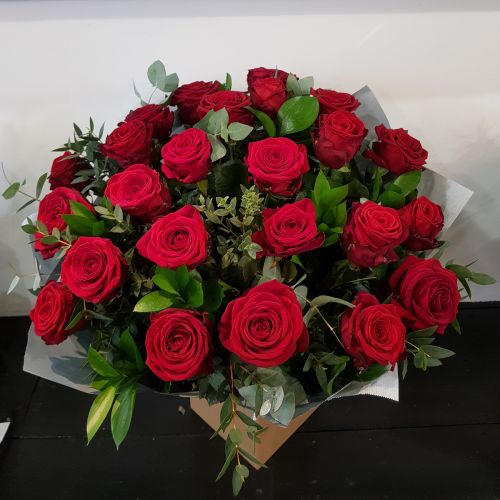 Scarlet Blush Red Roses with complimenting Foliage